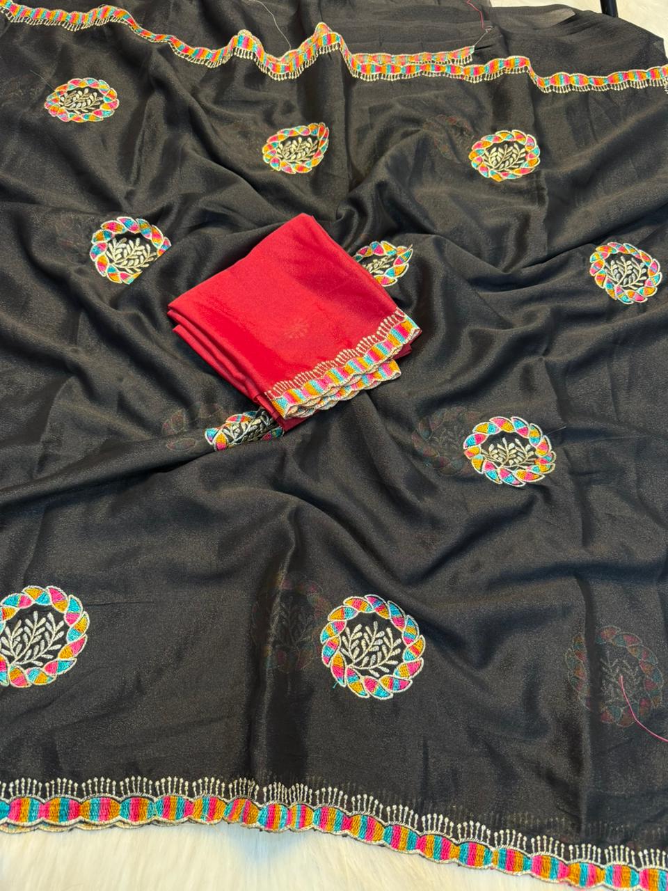 Regal Function Wear Georgette Embroidery Work Designer Saree With Contrast Blouse Piece