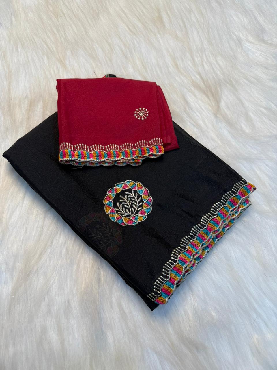 Regal Function Wear Georgette Embroidery Work Designer Saree With Contrast Blouse Piece