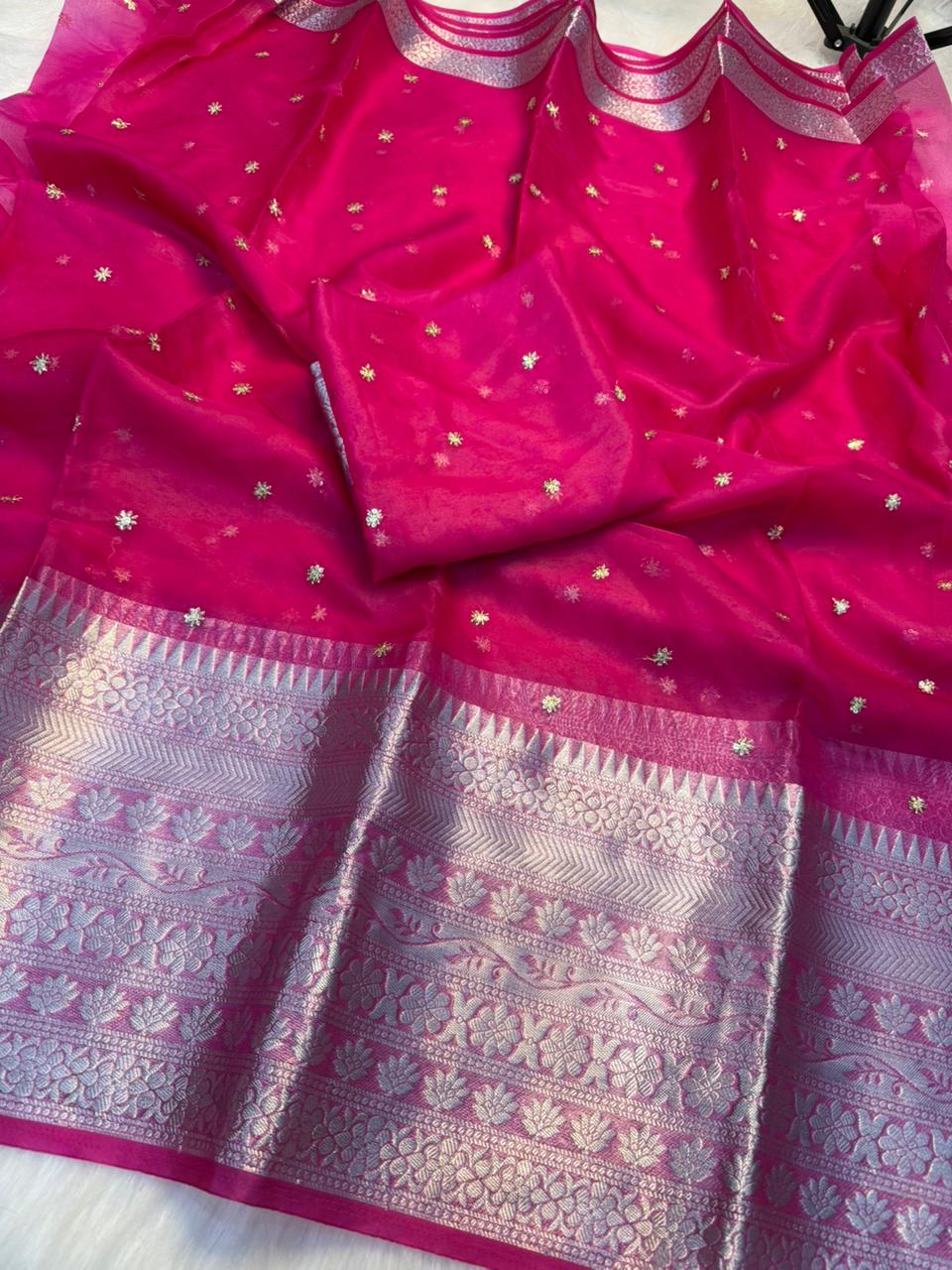 Mellifluous Party Wear Organza Silk Jacquard Multi Embroidery Work Fancy Designer Saree With Blouse Piece