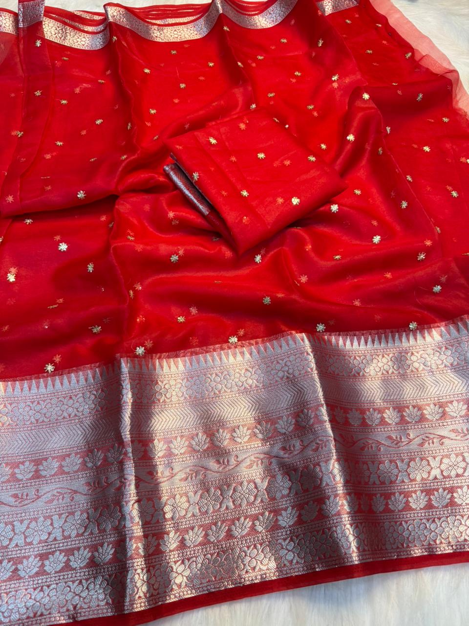 Mellifluous Party Wear Organza Silk Jacquard Multi Embroidery Work Fancy Designer Saree With Blouse Piece