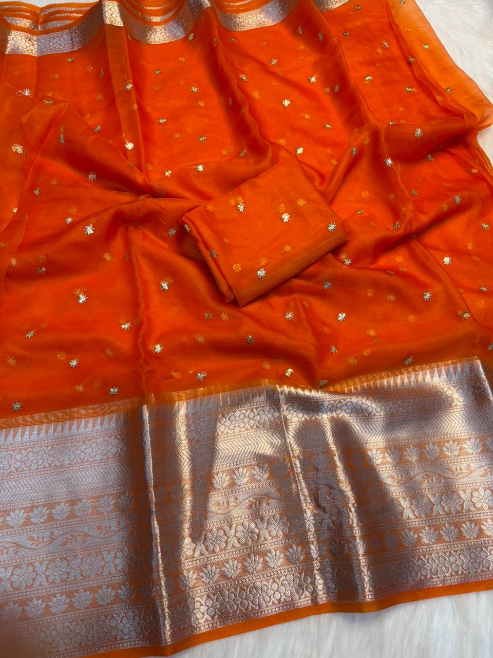 Mellifluous Party Wear Organza Silk Jacquard Multi Embroidery Work Fancy Designer Saree With Blouse Piece