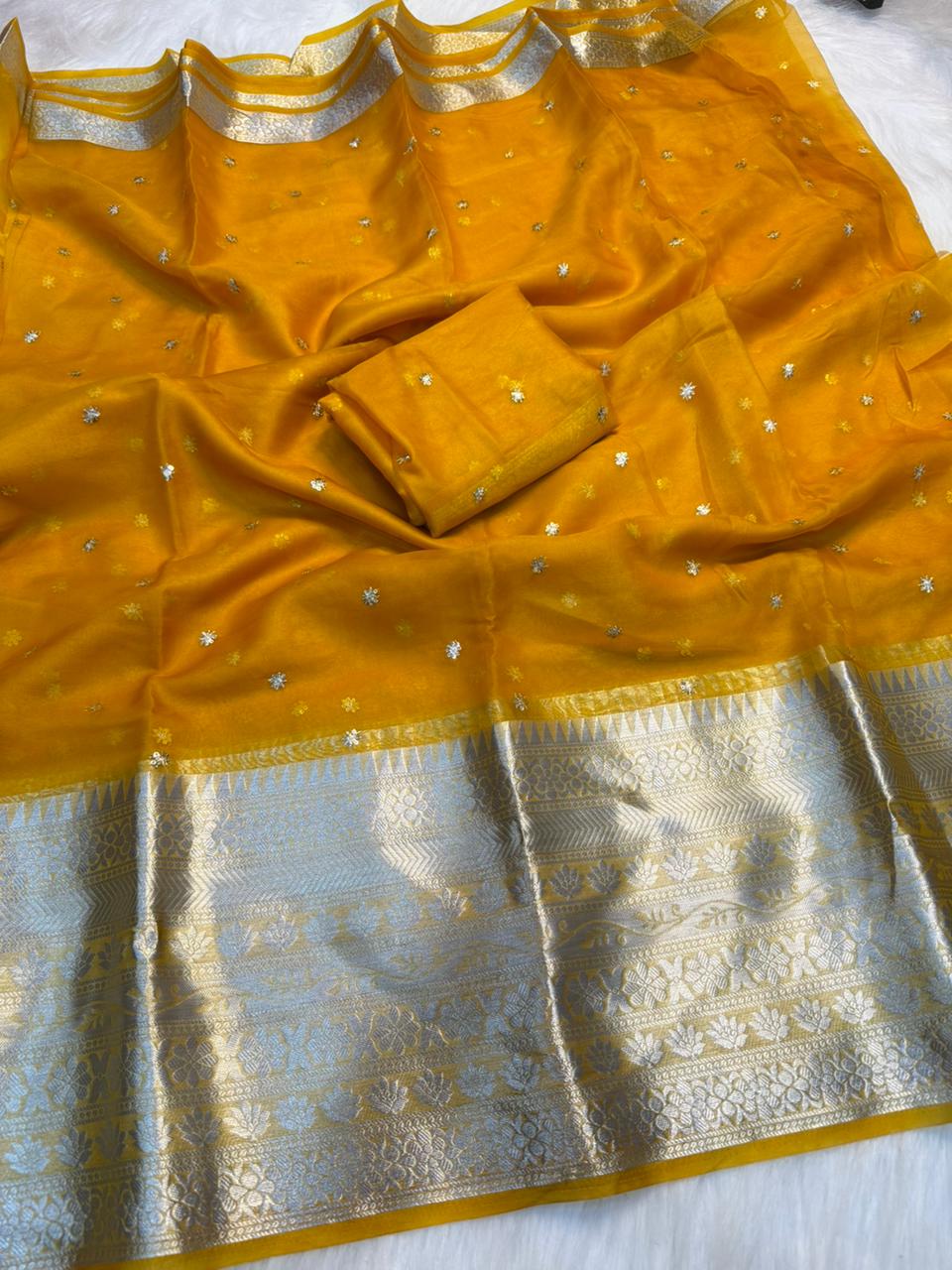 Mellifluous Party Wear Organza Silk Jacquard Multi Embroidery Work Fancy Designer Saree With Blouse Piece