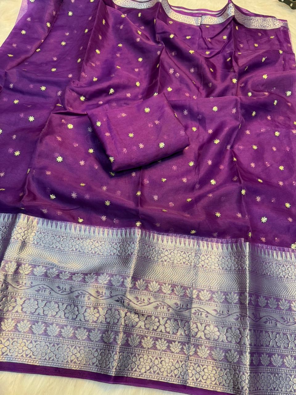 Mellifluous Party Wear Organza Silk Jacquard Multi Embroidery Work Fancy Designer Saree With Blouse Piece