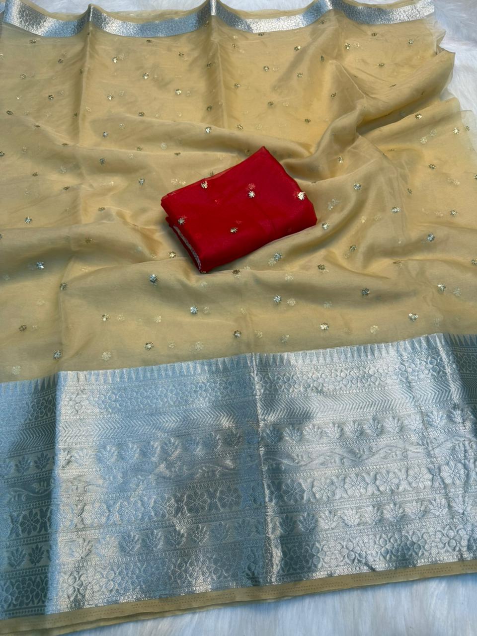 Mellifluous Party Wear Organza Silk Jacquard Multi Embroidery Work Fancy Designer Saree With Blouse Piece
