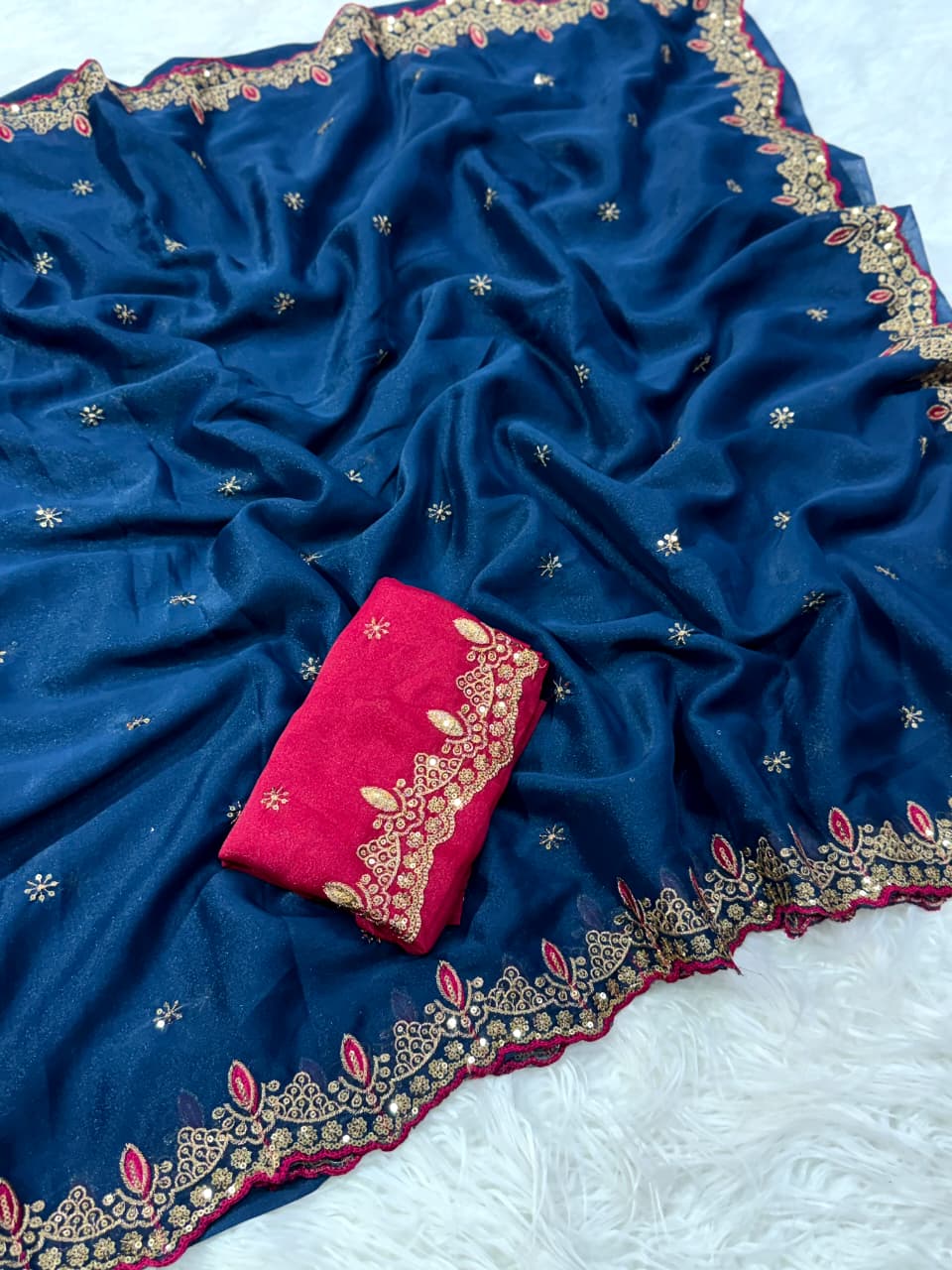Whimsical Party Wear Georgette Zari n Sequence Work Border Fancy Designer Saree With Contrast Blouse Piece