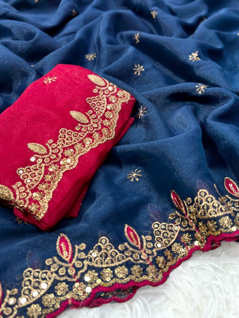 Whimsical Party Wear Georgette Zari n Sequence Work Border Fancy Designer Saree With Contrast Blouse Piece