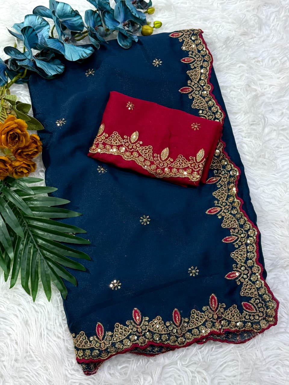 Whimsical Party Wear Georgette Zari n Sequence Work Border Fancy Designer Saree With Contrast Blouse Piece