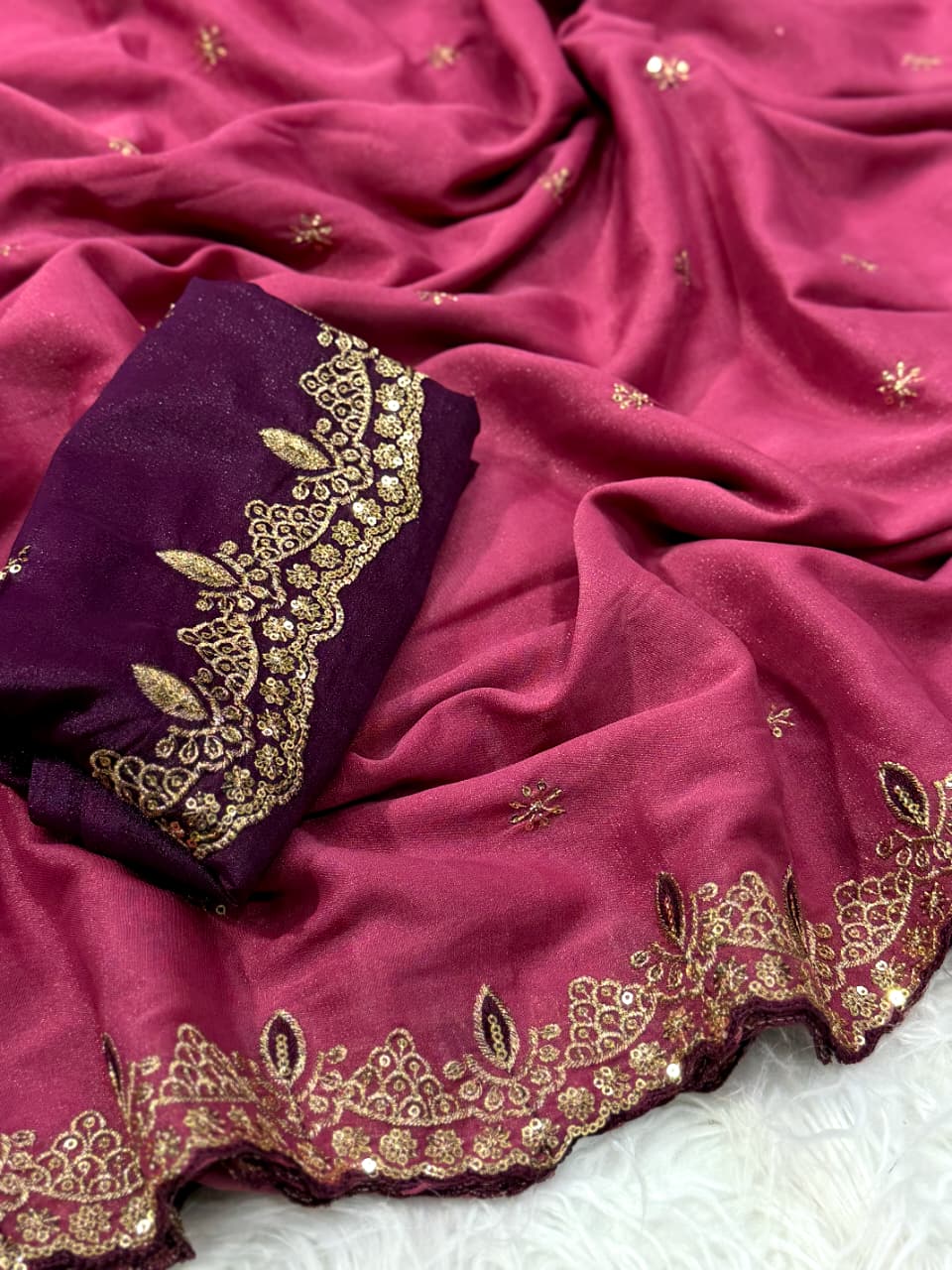 Whimsical Party Wear Georgette Zari n Sequence Work Border Fancy Designer Saree With Contrast Blouse Piece