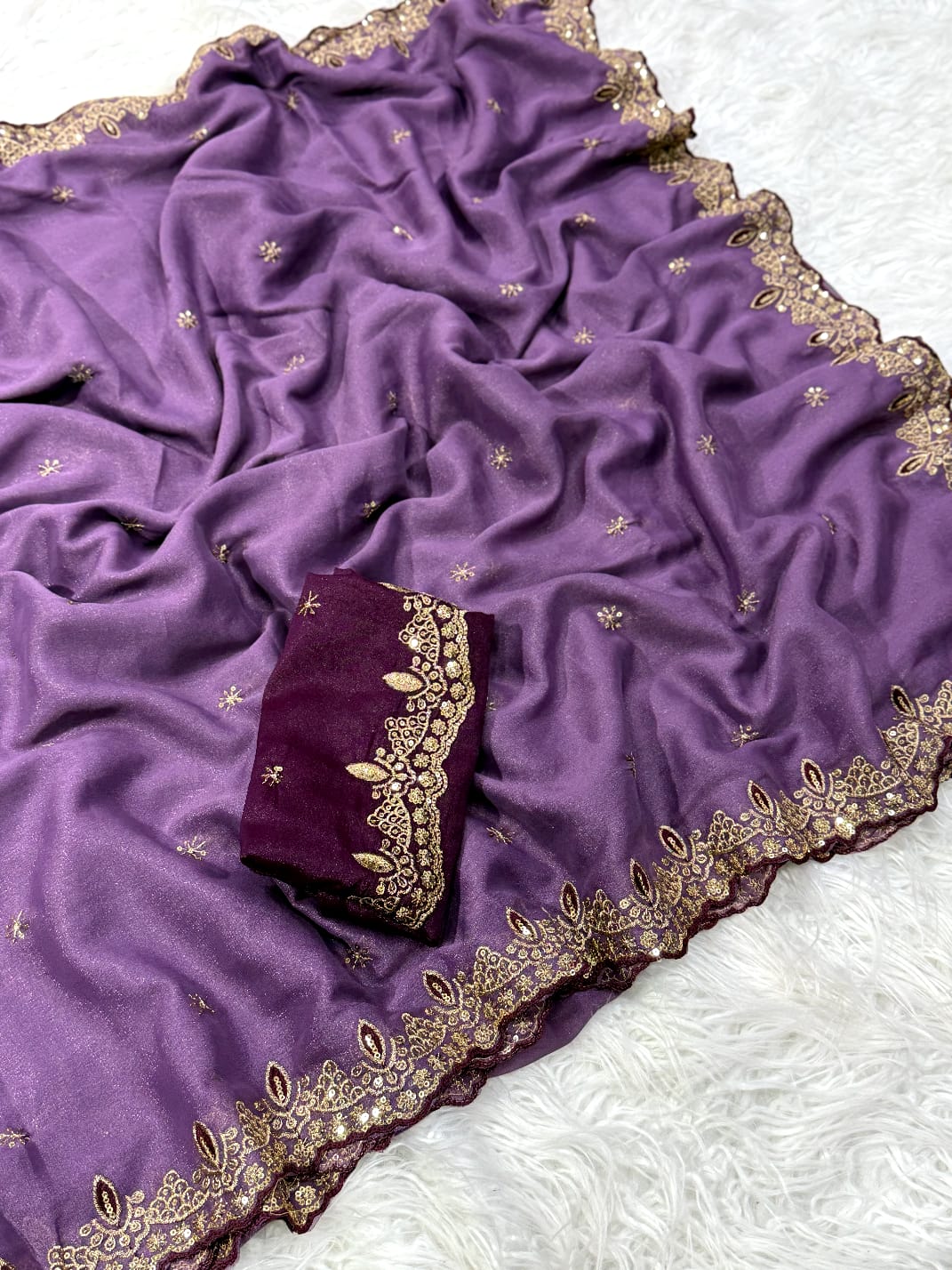 Whimsical Party Wear Georgette Zari n Sequence Work Border Fancy Designer Saree With Contrast Blouse Piece