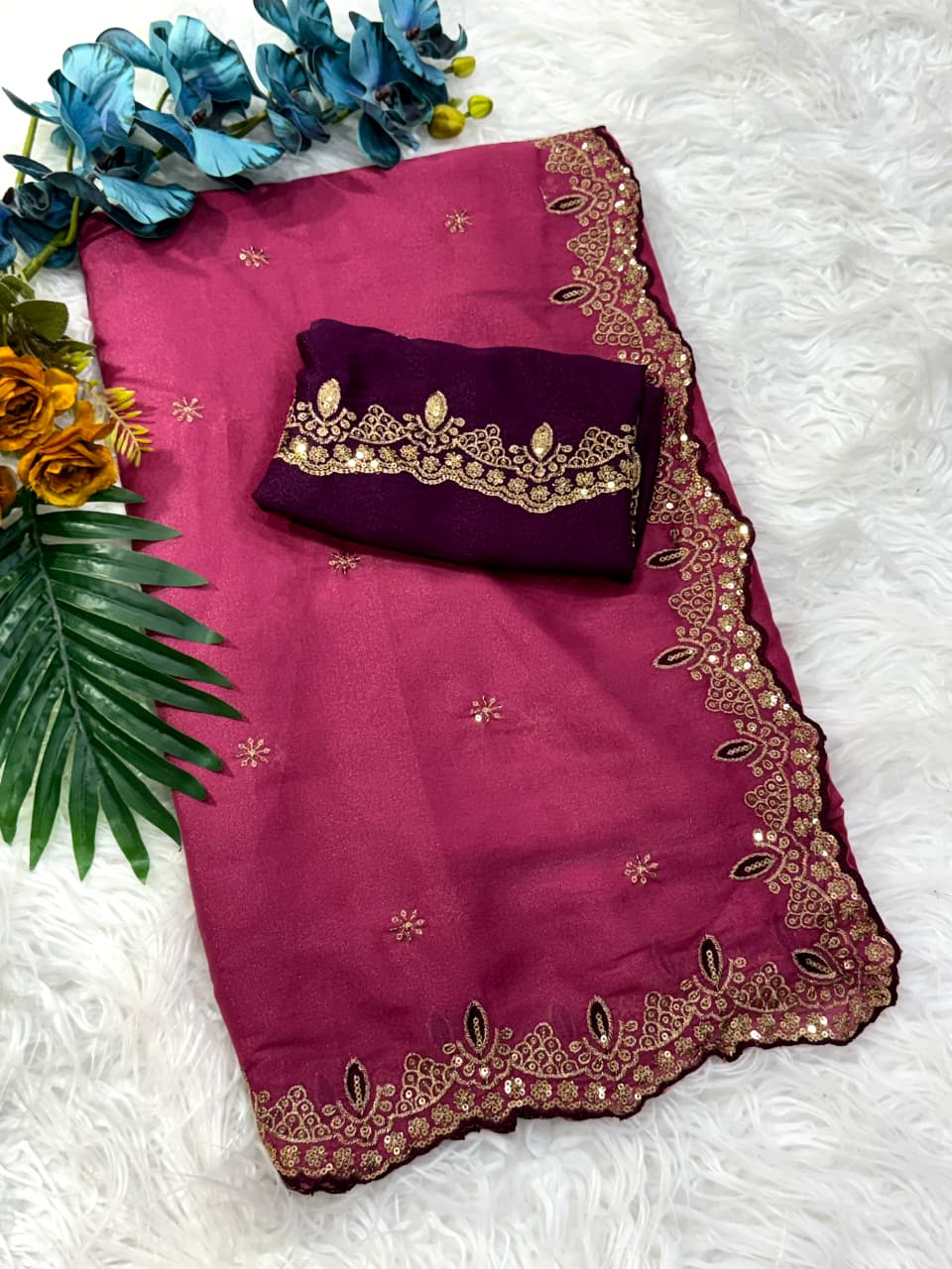 Whimsical Party Wear Georgette Zari n Sequence Work Border Fancy Designer Saree With Contrast Blouse Piece