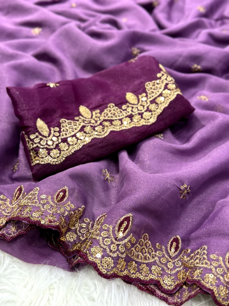 Whimsical Party Wear Georgette Zari n Sequence Work Border Fancy Designer Saree With Contrast Blouse Piece