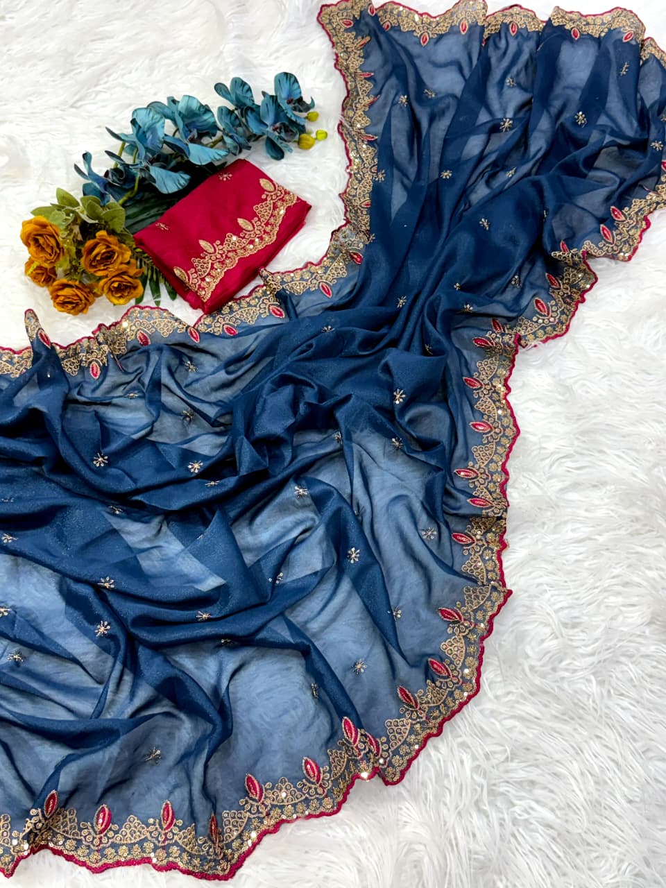Whimsical Party Wear Georgette Zari n Sequence Work Border Fancy Designer Saree With Contrast Blouse Piece