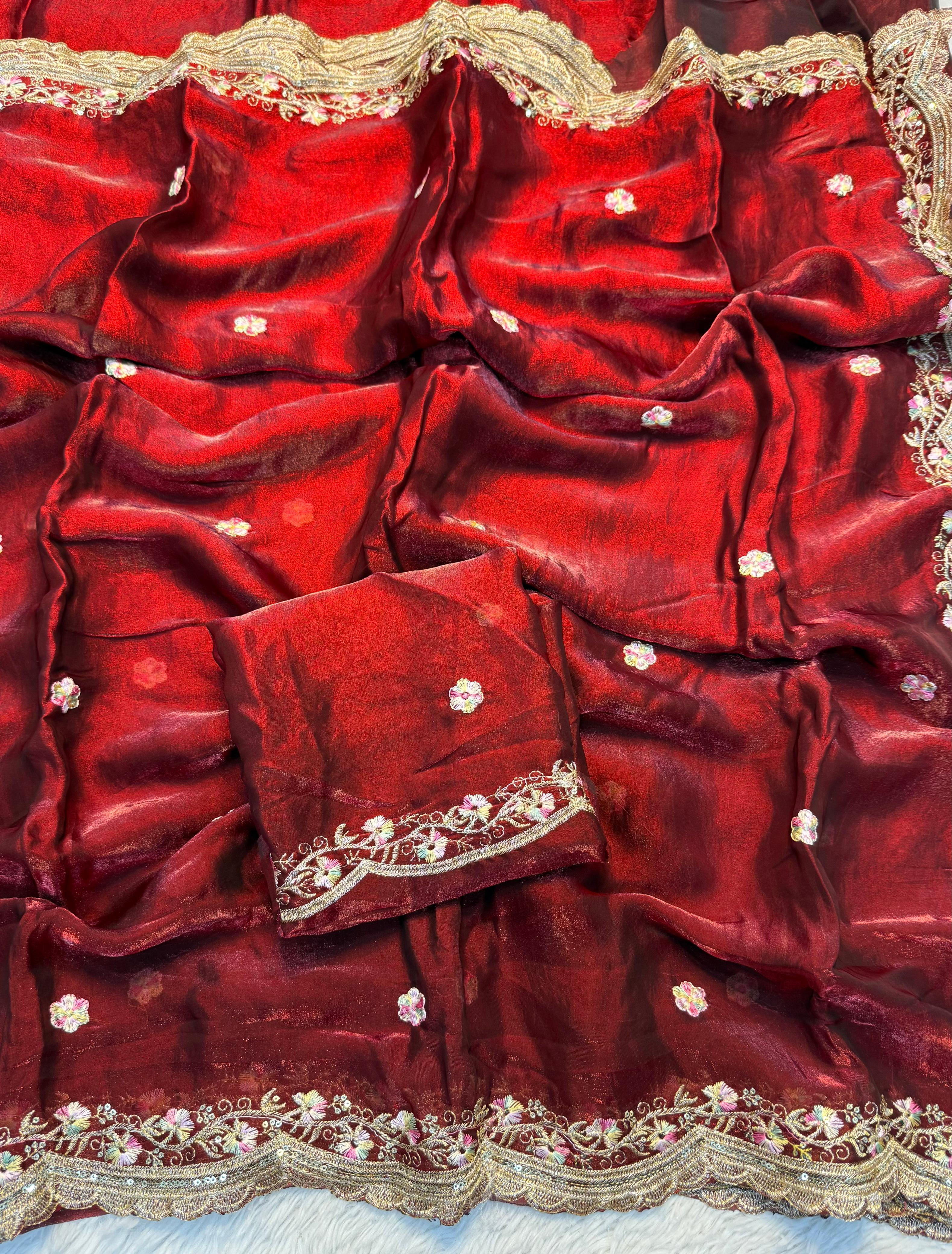 Exquisite Party Wear Pure Silk Embroidery Sequence n Multi Thread Work Fancy Saree With Matching Blouse