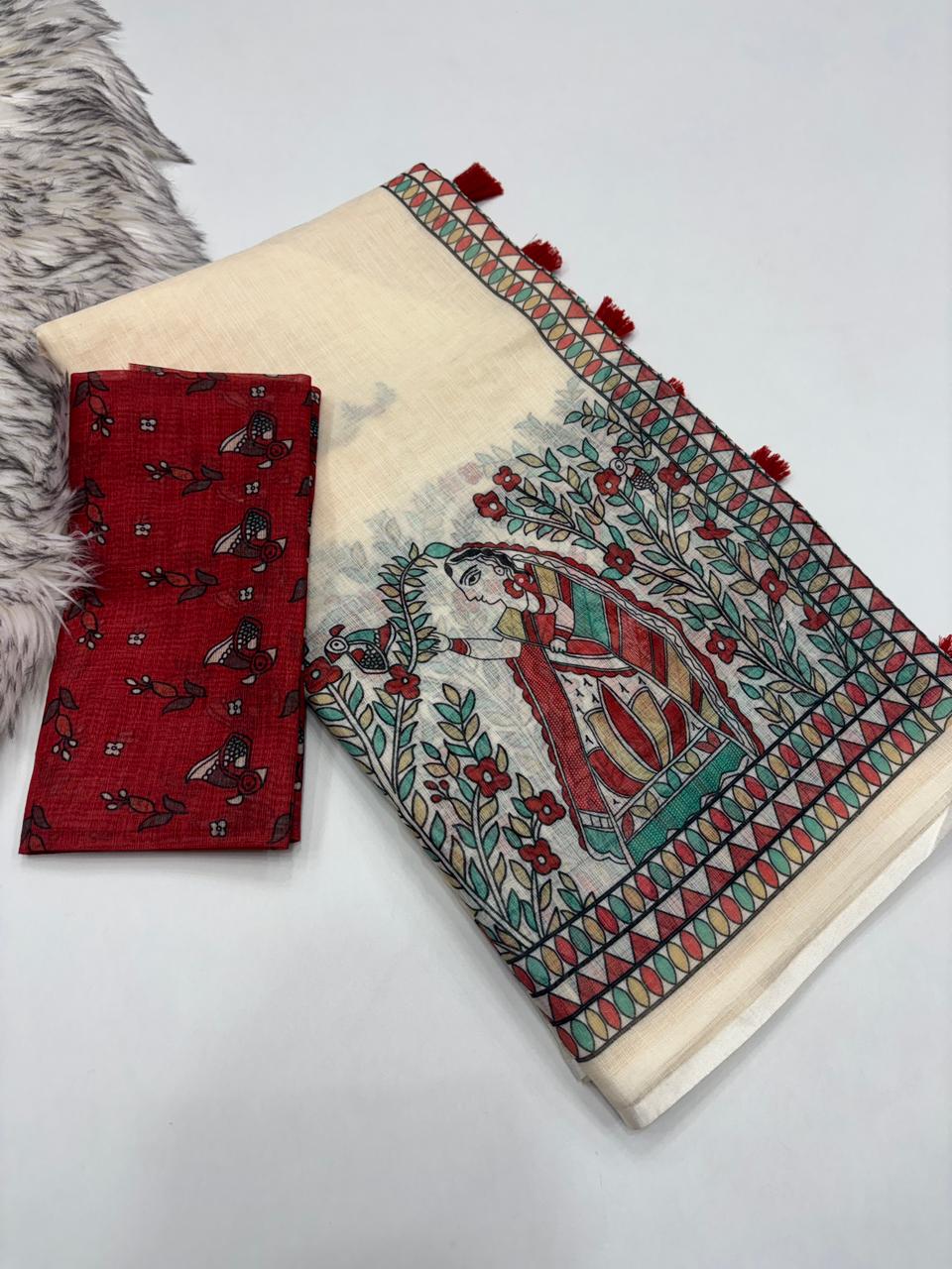Fantabulous Festive Wear Soft Linen Printed Rich Pallu Work Fancy Designer Saree With Blissful Blouse Piece
