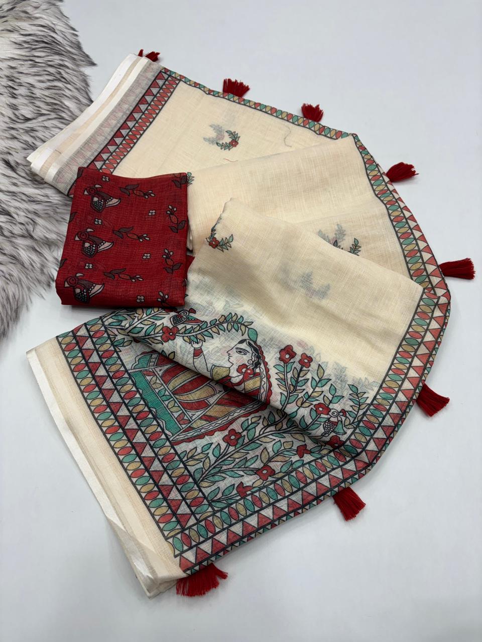 Fantabulous Festive Wear Soft Linen Printed Rich Pallu Work Fancy Designer Saree With Blissful Blouse Piece