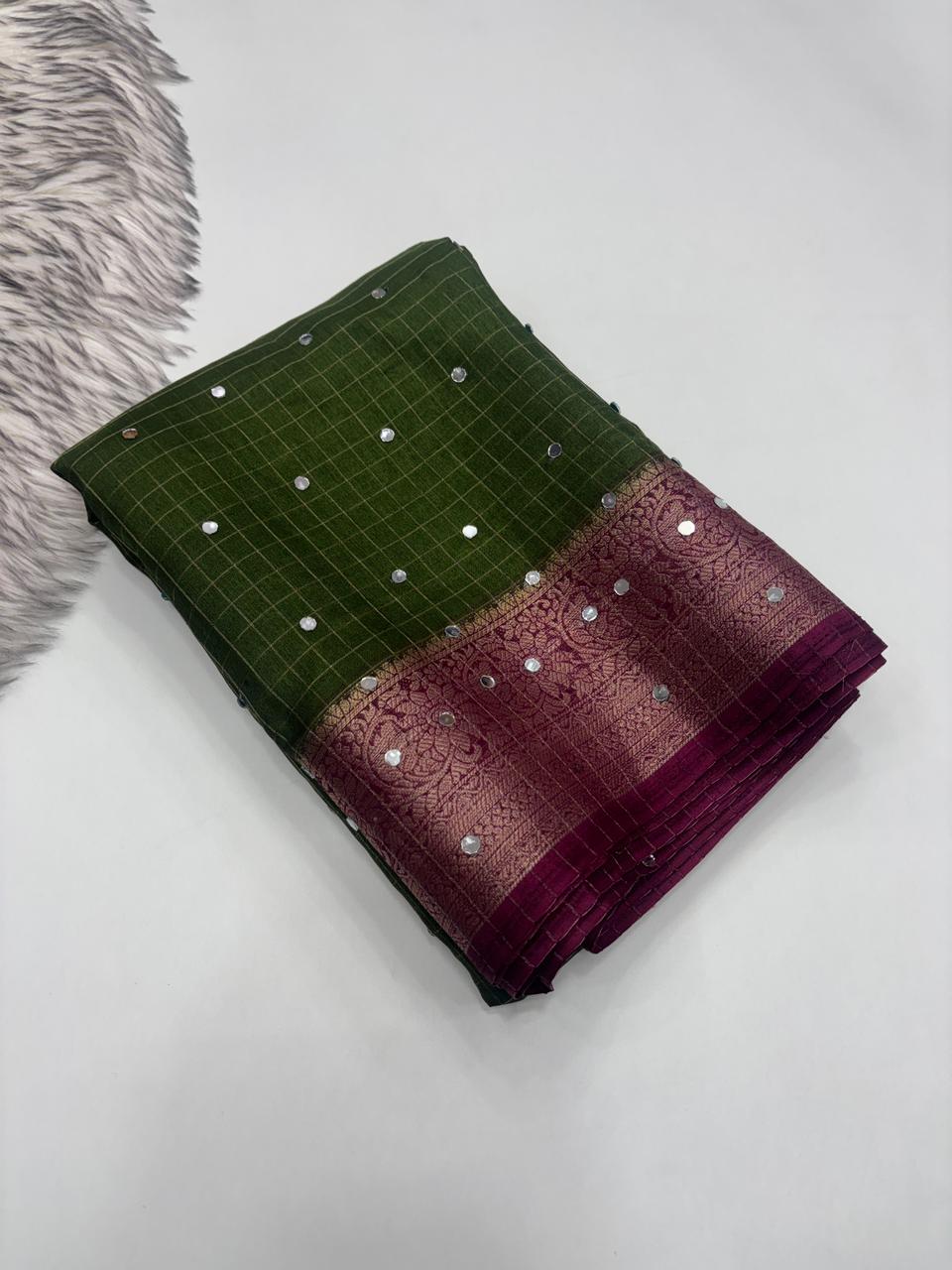 Contemporary Party Wear Soft Dola Silk Chex Jari Border n Mirror Work Designer Saree With Blouse Piece