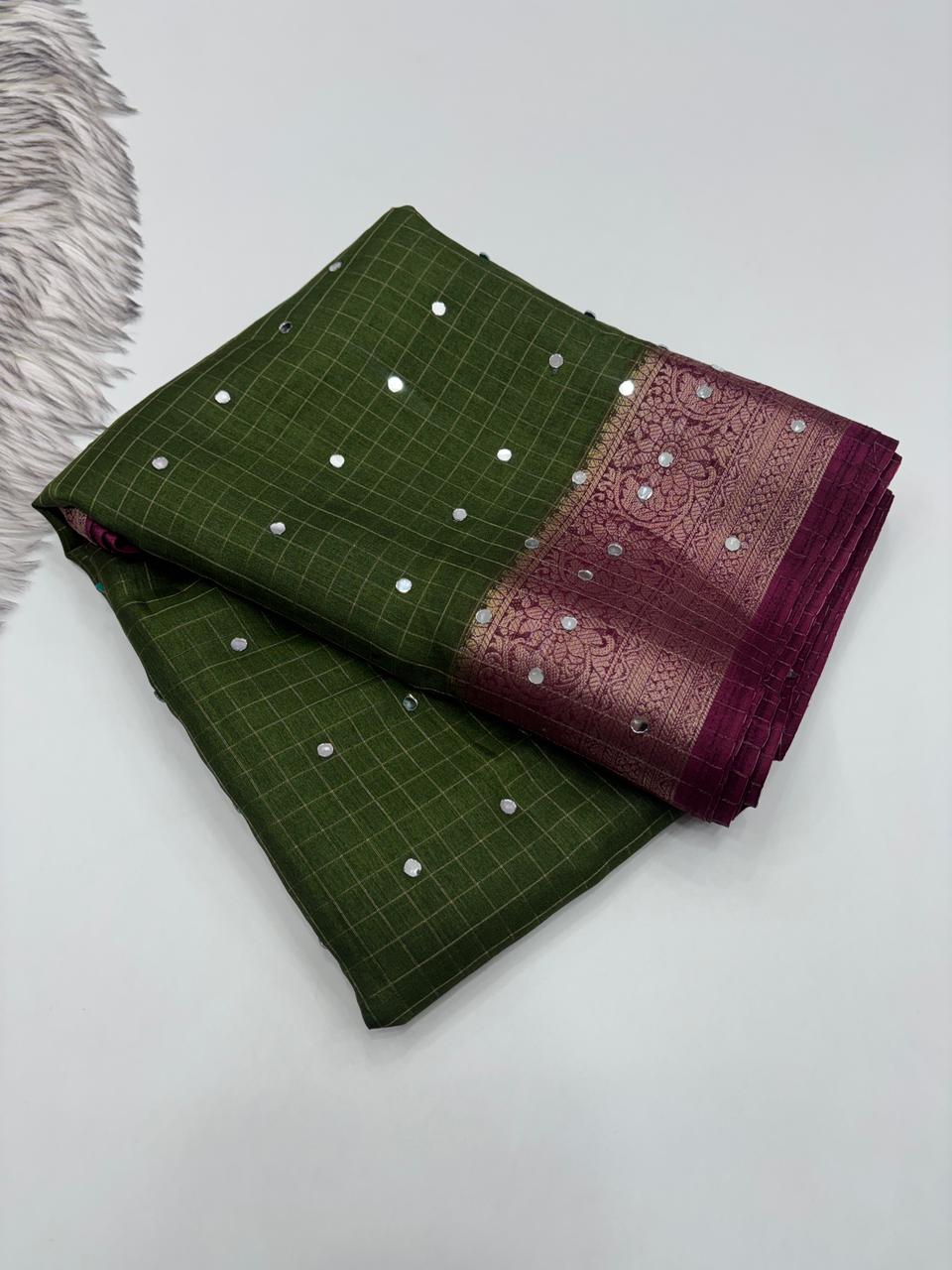 Contemporary Party Wear Soft Dola Silk Chex Jari Border n Mirror Work Designer Saree With Blouse Piece
