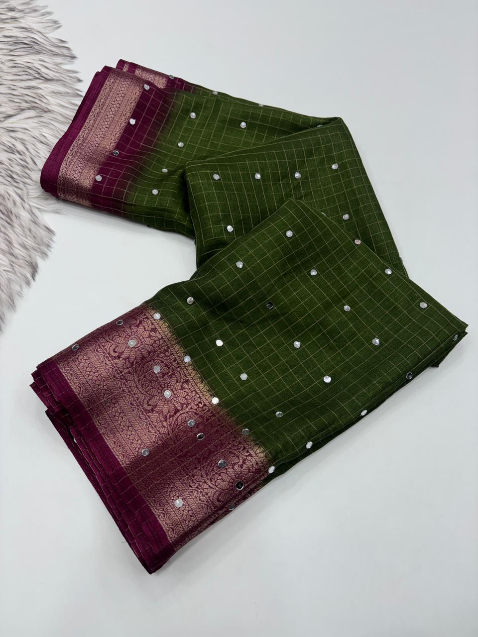 Contemporary Party Wear Soft Dola Silk Chex Jari Border n Mirror Work Designer Saree With Blouse Piece