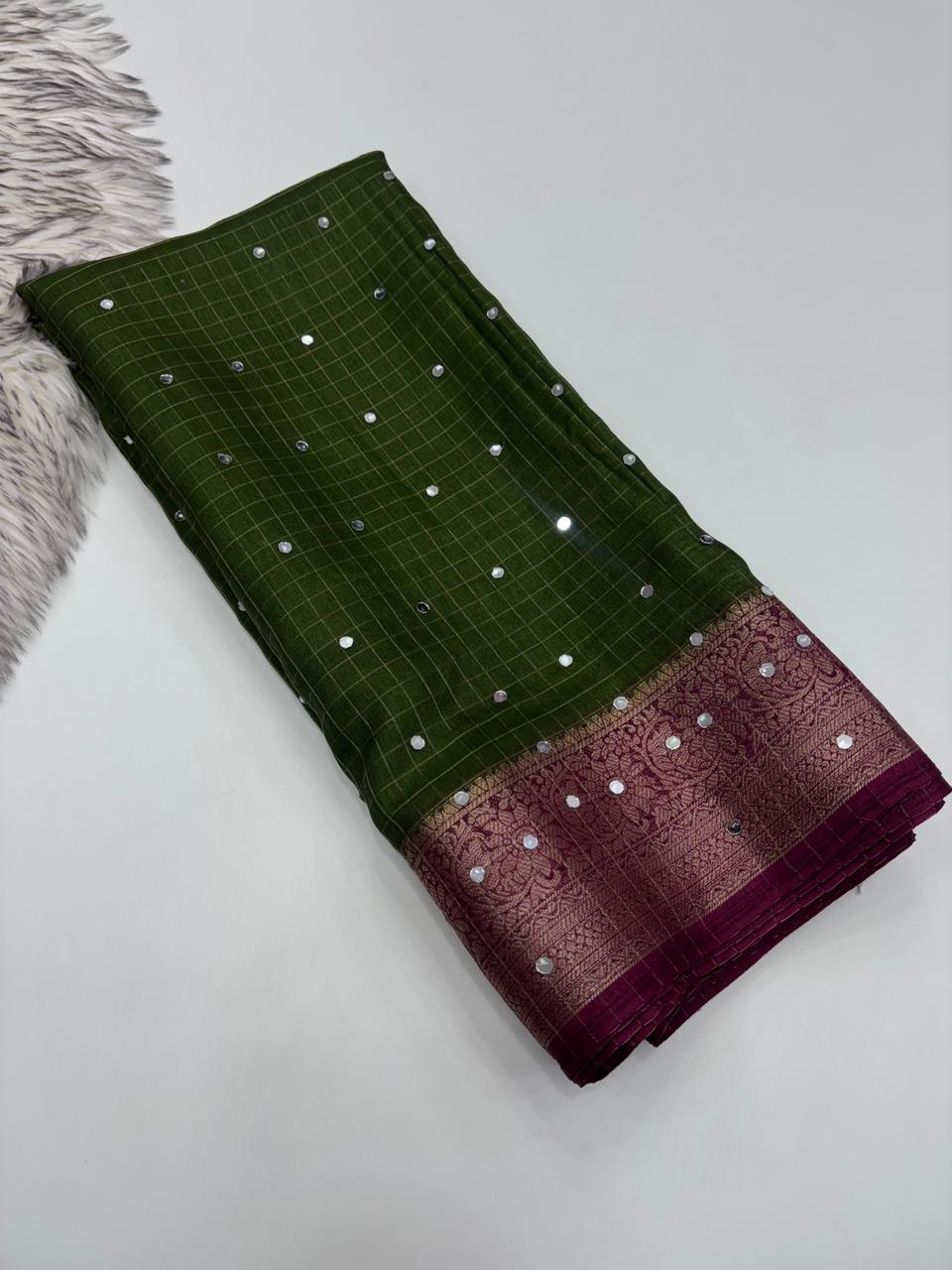 Contemporary Party Wear Soft Dola Silk Chex Jari Border n Mirror Work Designer Saree With Blouse Piece