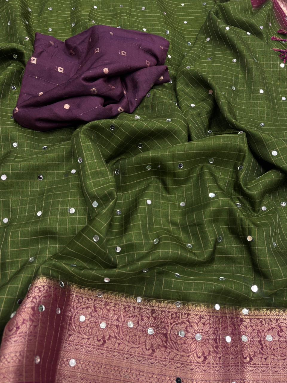 Contemporary Party Wear Soft Dola Silk Chex Jari Border n Mirror Work Designer Saree With Blouse Piece