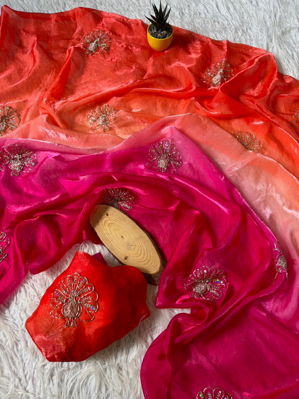 Imaginative Function Wear Pure Soft Silk Beads Sequence n Zari Work Designer Saree With Blouse Piece