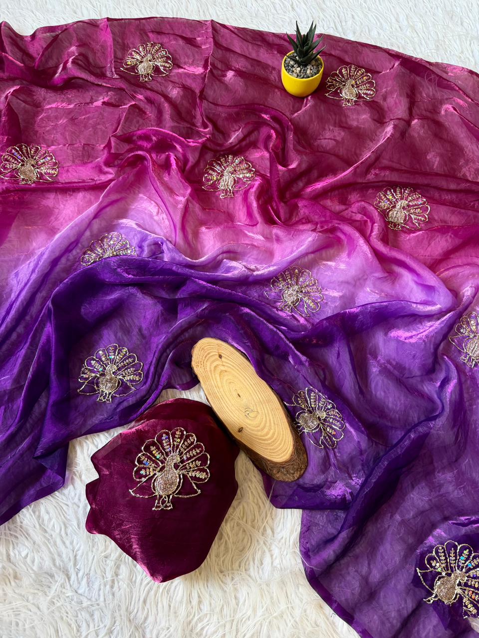 Imaginative Function Wear Pure Soft Silk Beads Sequence n Zari Work Designer Saree With Blouse Piece