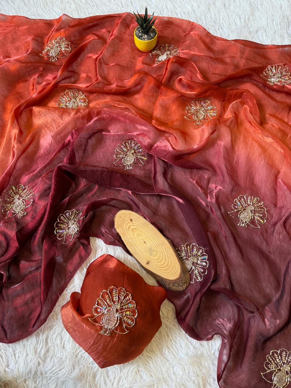 Imaginative Function Wear Pure Soft Silk Beads Sequence n Zari Work Designer Saree With Blouse Piece
