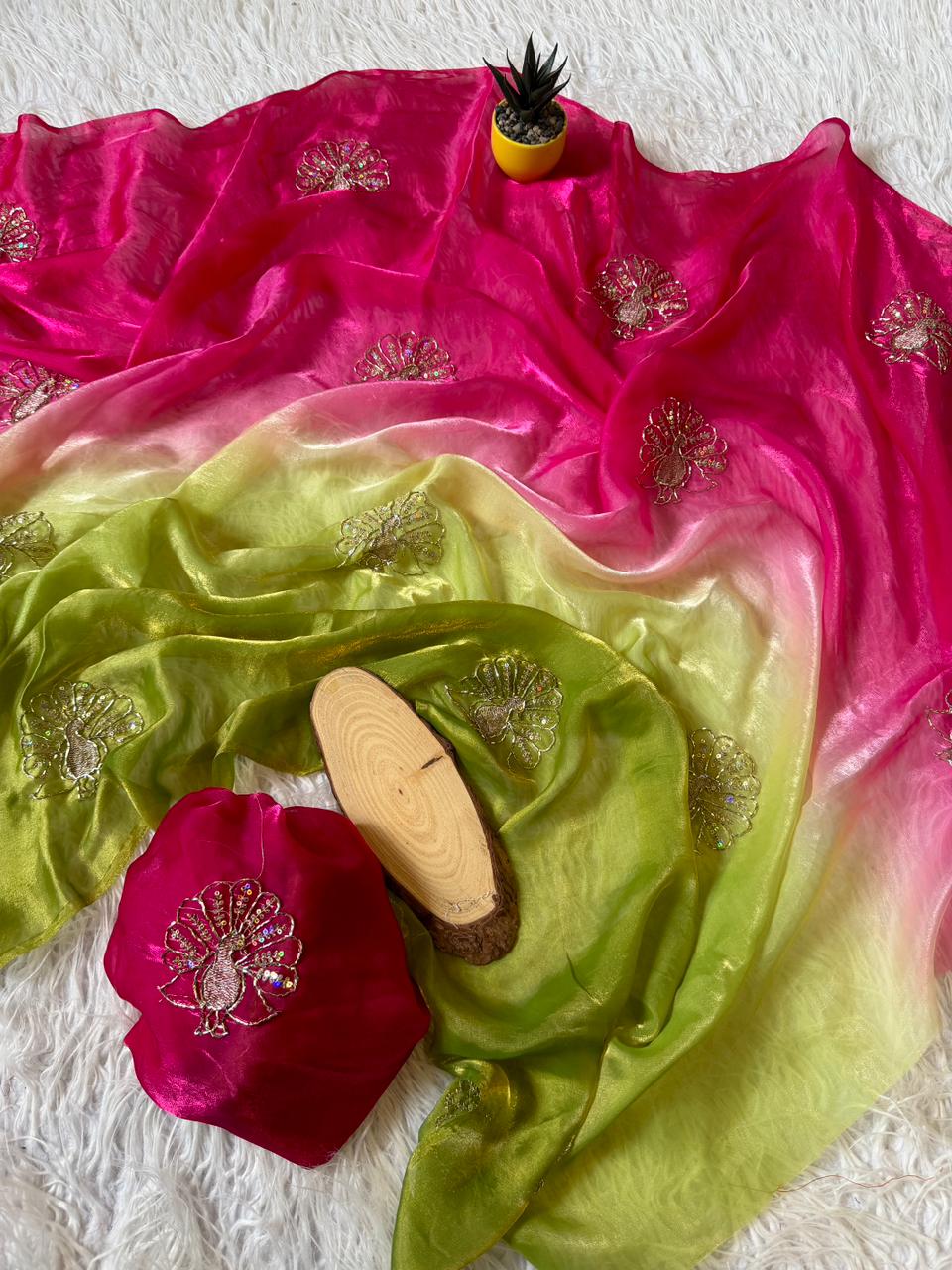 Imaginative Function Wear Pure Soft Silk Beads Sequence n Zari Work Designer Saree With Blouse Piece