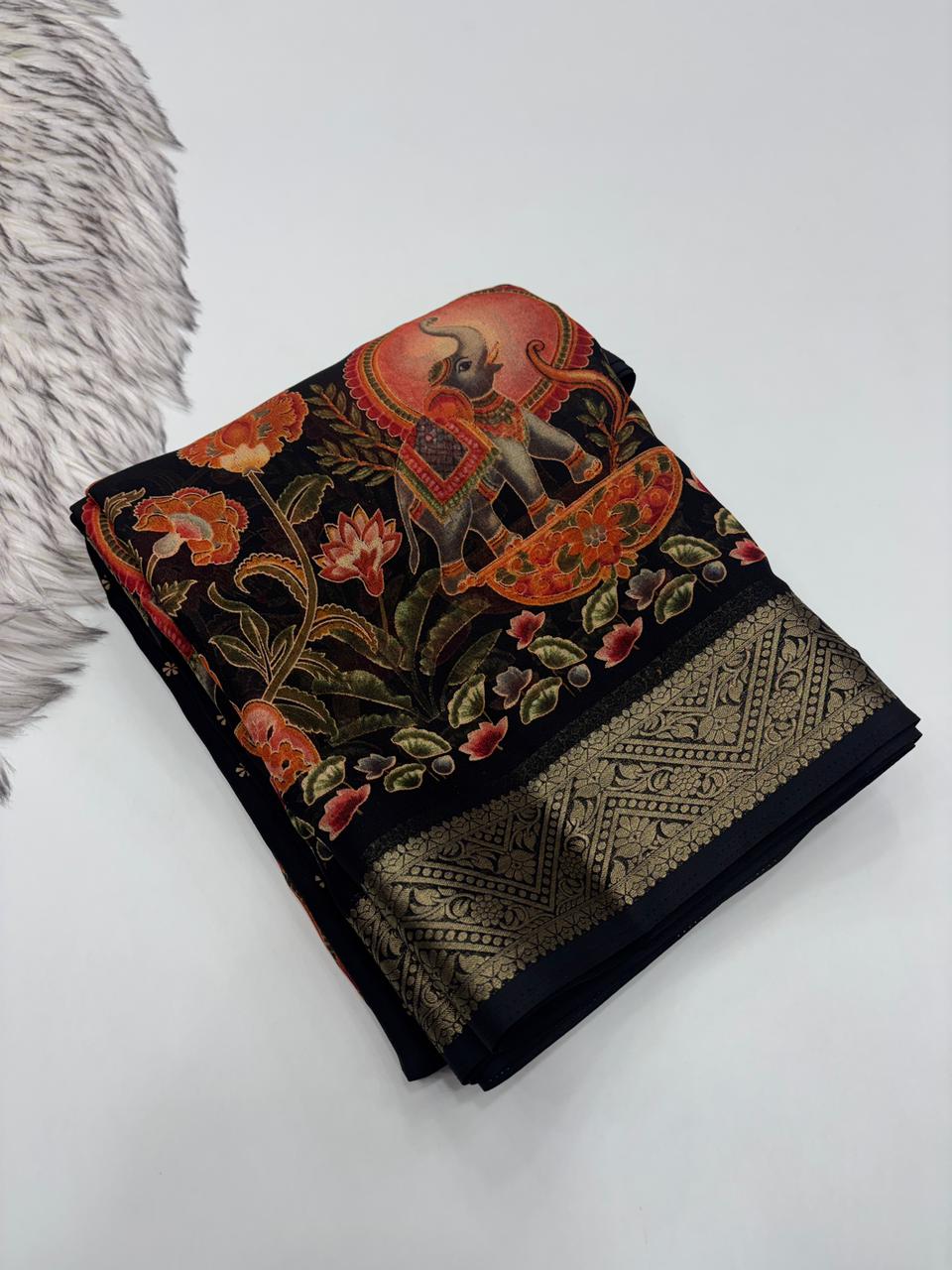 Luxury Festive Wear Pure Soft Silk Zari Border Unique Print Fancy Saree For Women