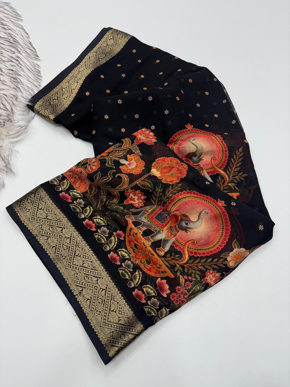 Luxury Festive Wear Pure Soft Silk Zari Border Unique Print Fancy Saree For Women
