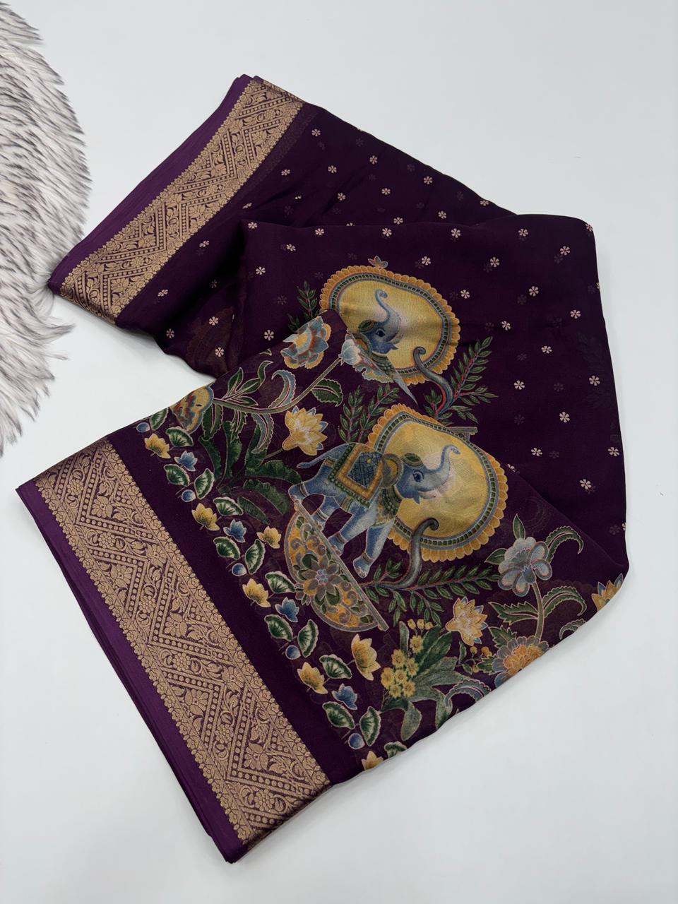 Luxury Festive Wear Pure Soft Silk Zari Border Unique Print Fancy Saree For Women