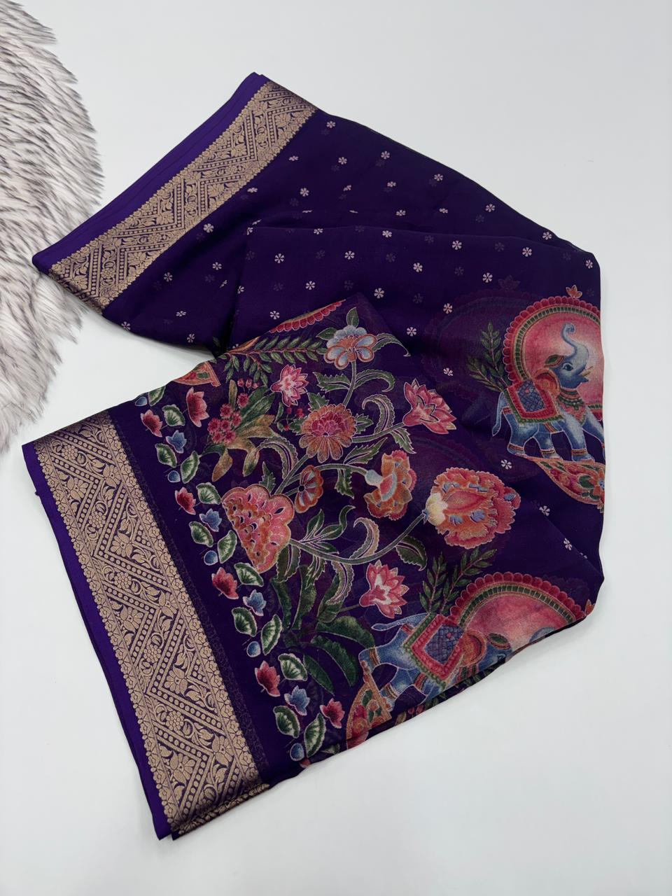 Luxury Festive Wear Pure Soft Silk Zari Border Unique Print Fancy Saree For Women