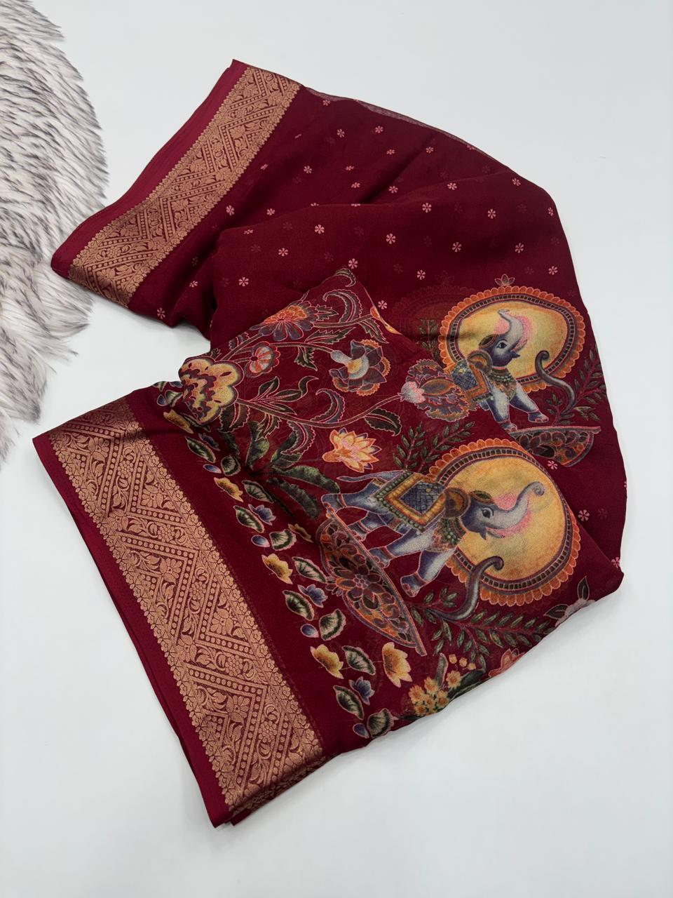 Luxury Festive Wear Pure Soft Silk Zari Border Unique Print Fancy Saree For Women
