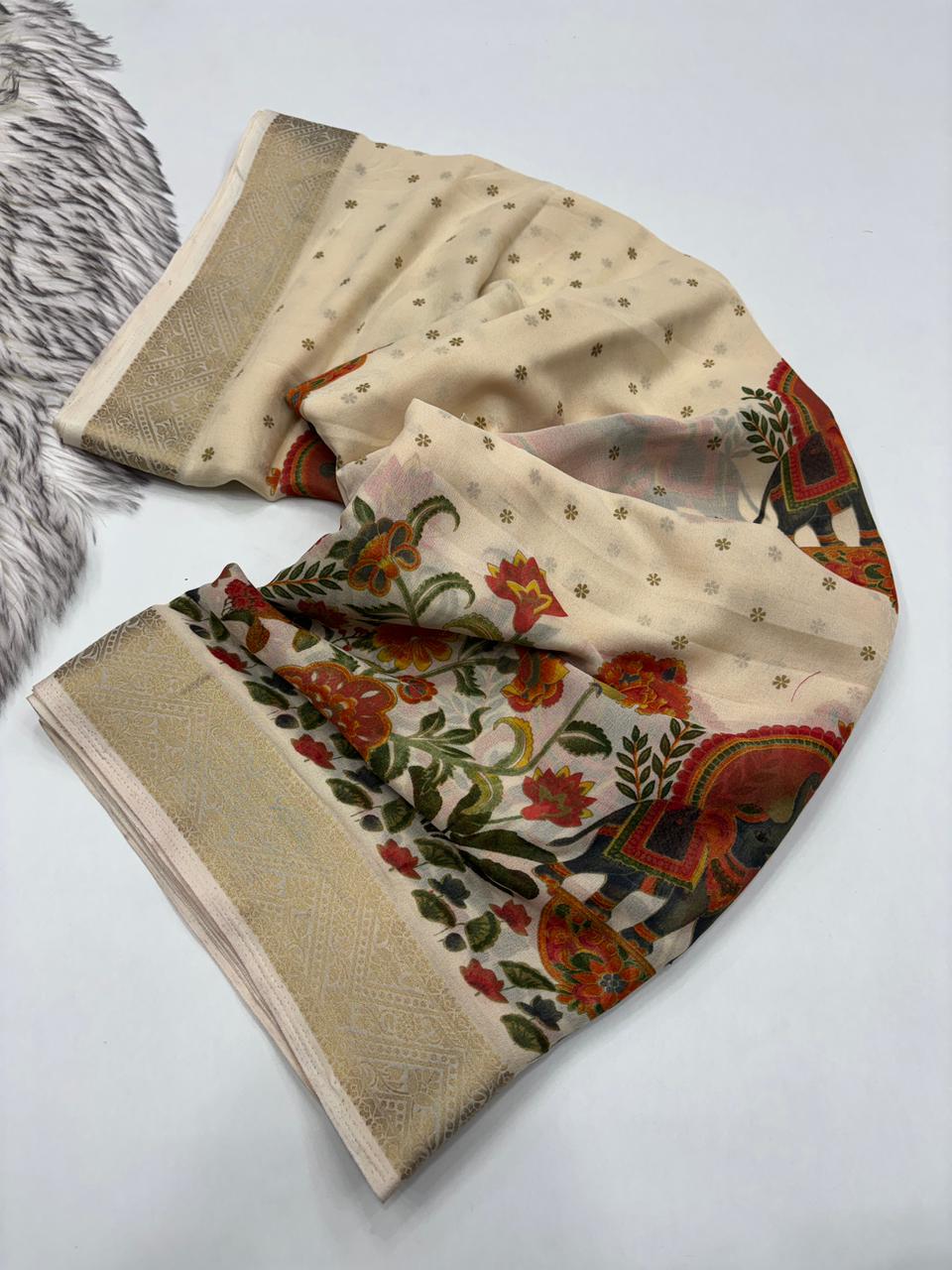 Luxury Festive Wear Pure Soft Silk Zari Border Unique Print Fancy Saree For Women