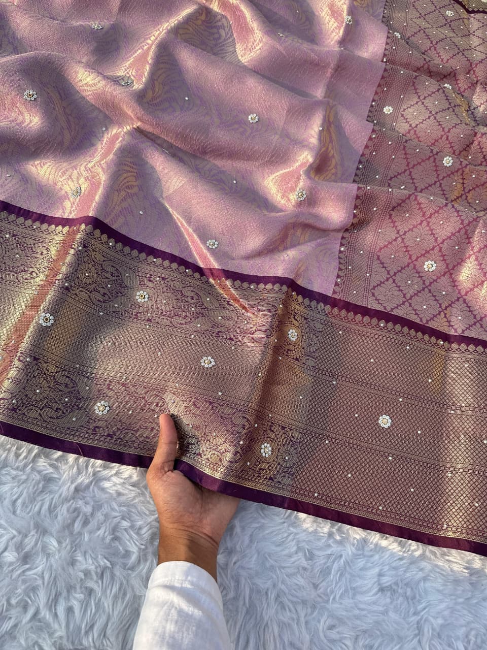 Incredible Wedding Wear Banarasi Soft Silk Handstone Work Stunning Pallu n Jacquard Border Saree With Blouse Piece