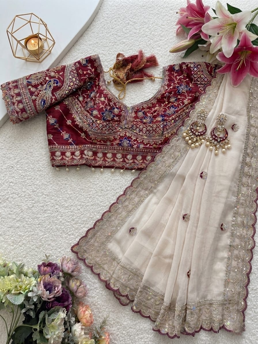 Quintessential Wedding Wear Satin Silk Sequence n Embroidery Work Butti Desginer Saree With Stitched Blouse