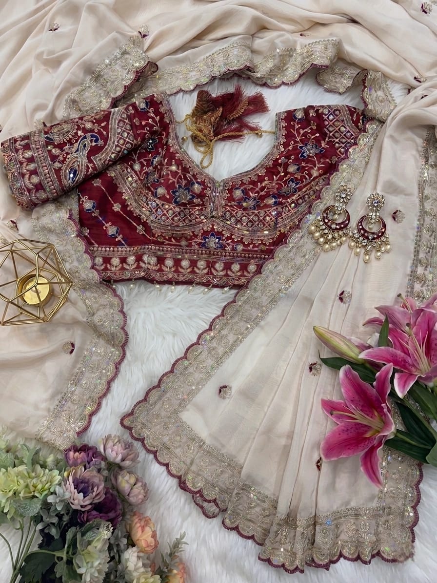 Quintessential Wedding Wear Satin Silk Sequence n Embroidery Work Butti Desginer Saree With Stitched Blouse