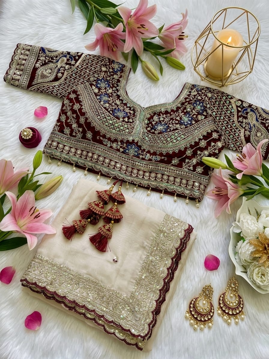 Quintessential Wedding Wear Satin Silk Sequence n Embroidery Work Butti Desginer Saree With Stitched Blouse