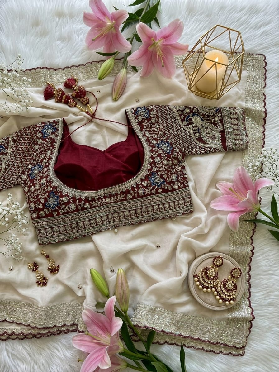 Quintessential Wedding Wear Satin Silk Sequence n Embroidery Work Butti Desginer Saree With Stitched Blouse