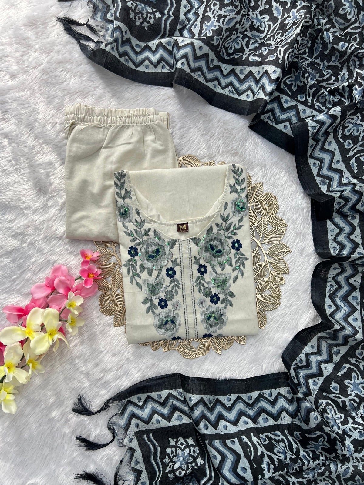 Evocative Function Wear White Color Cotton Embroidery Work Designer Straight Kurta With Trouser n Dupatta Set