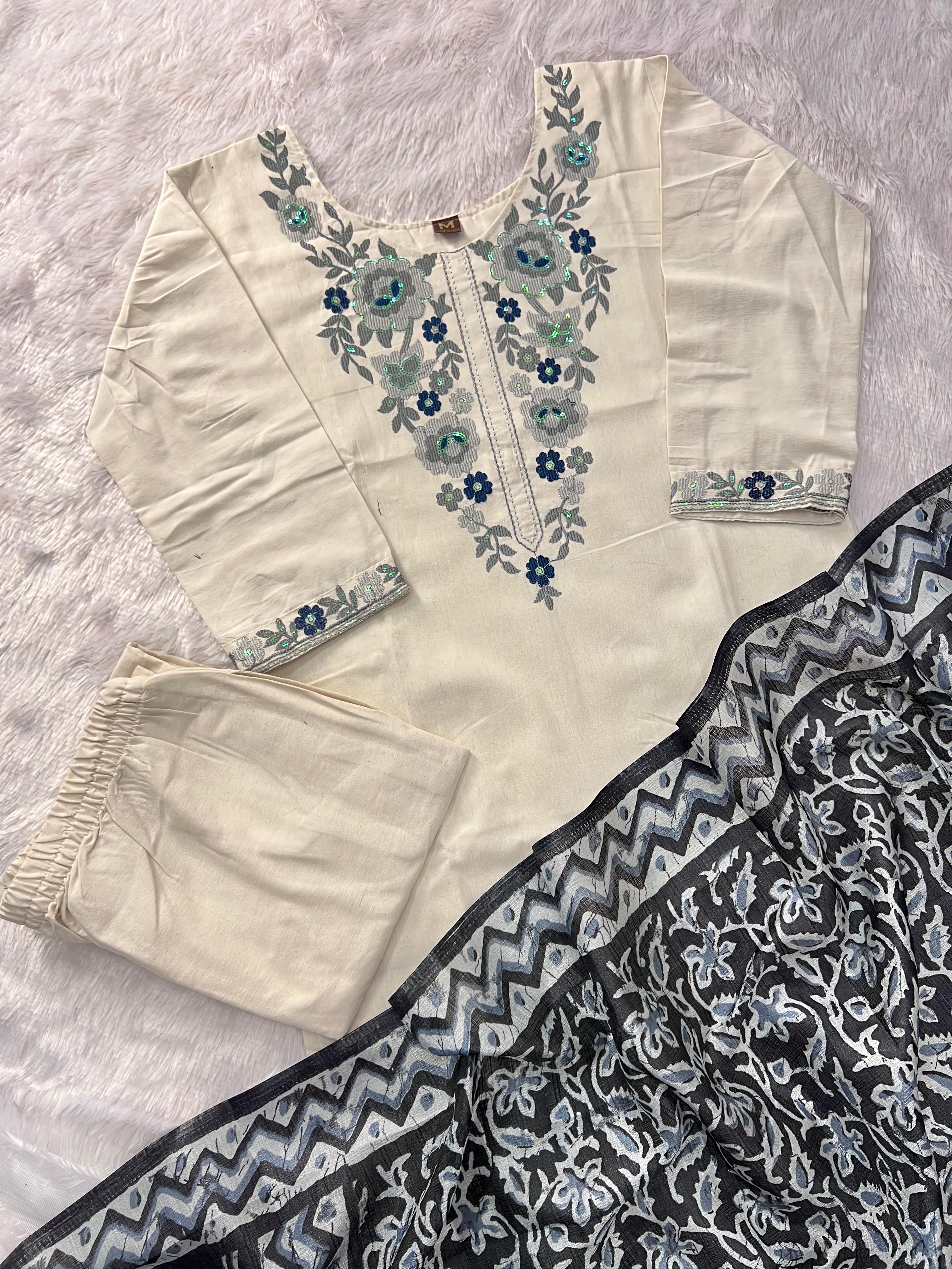 Evocative Function Wear White Color Cotton Embroidery Work Designer Straight Kurta With Trouser n Dupatta Set