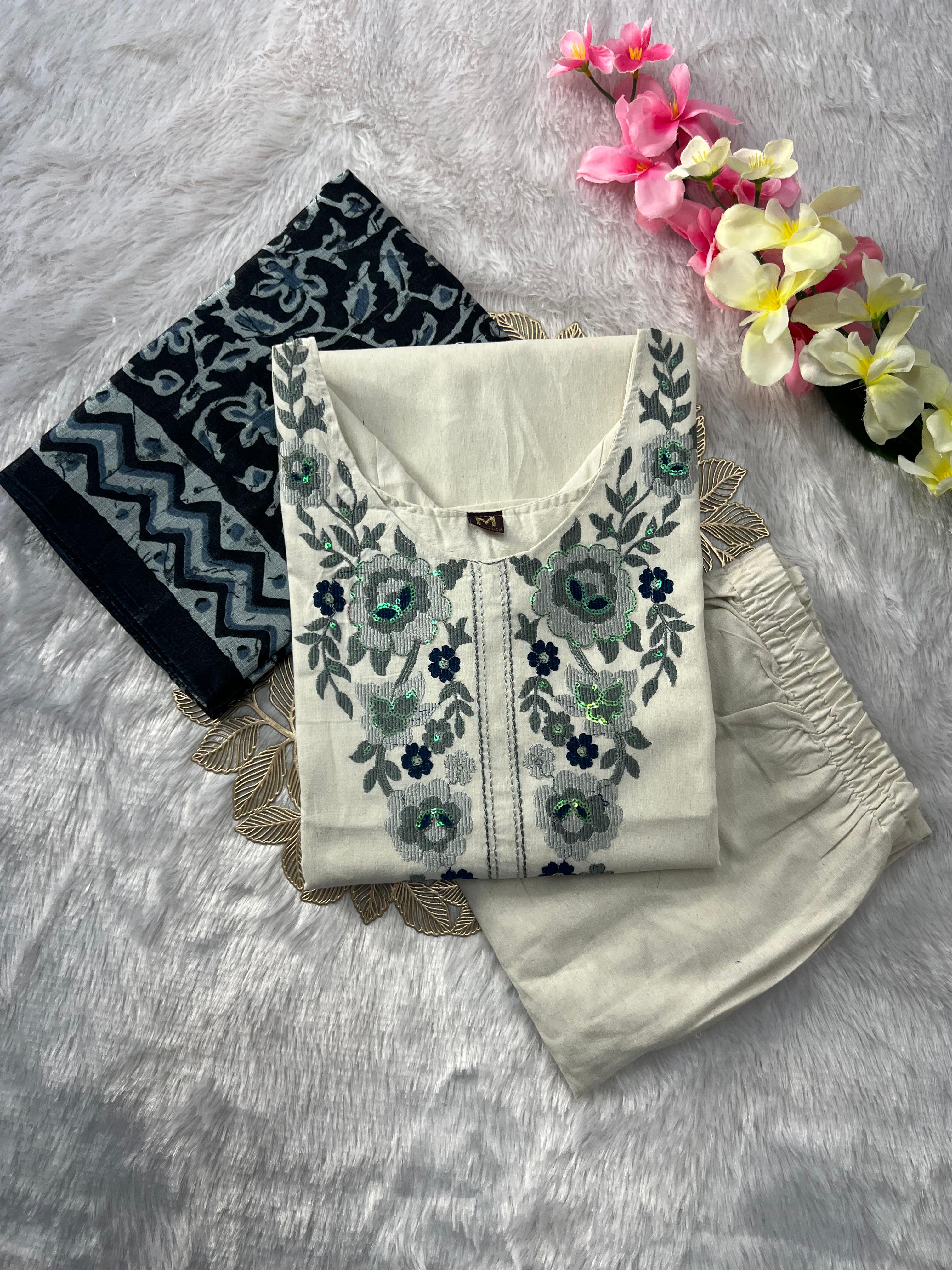 Evocative Function Wear White Color Cotton Embroidery Work Designer Straight Kurta With Trouser n Dupatta Set