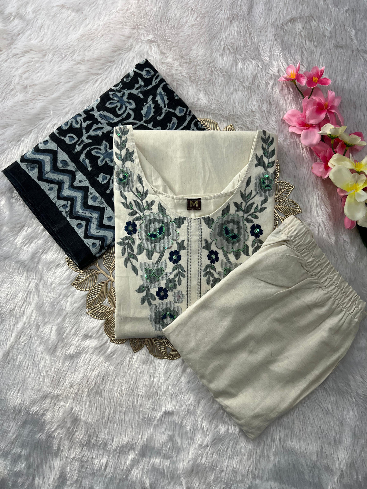 Evocative Function Wear White Color Cotton Embroidery Work Designer Straight Kurta With Trouser n Dupatta Set