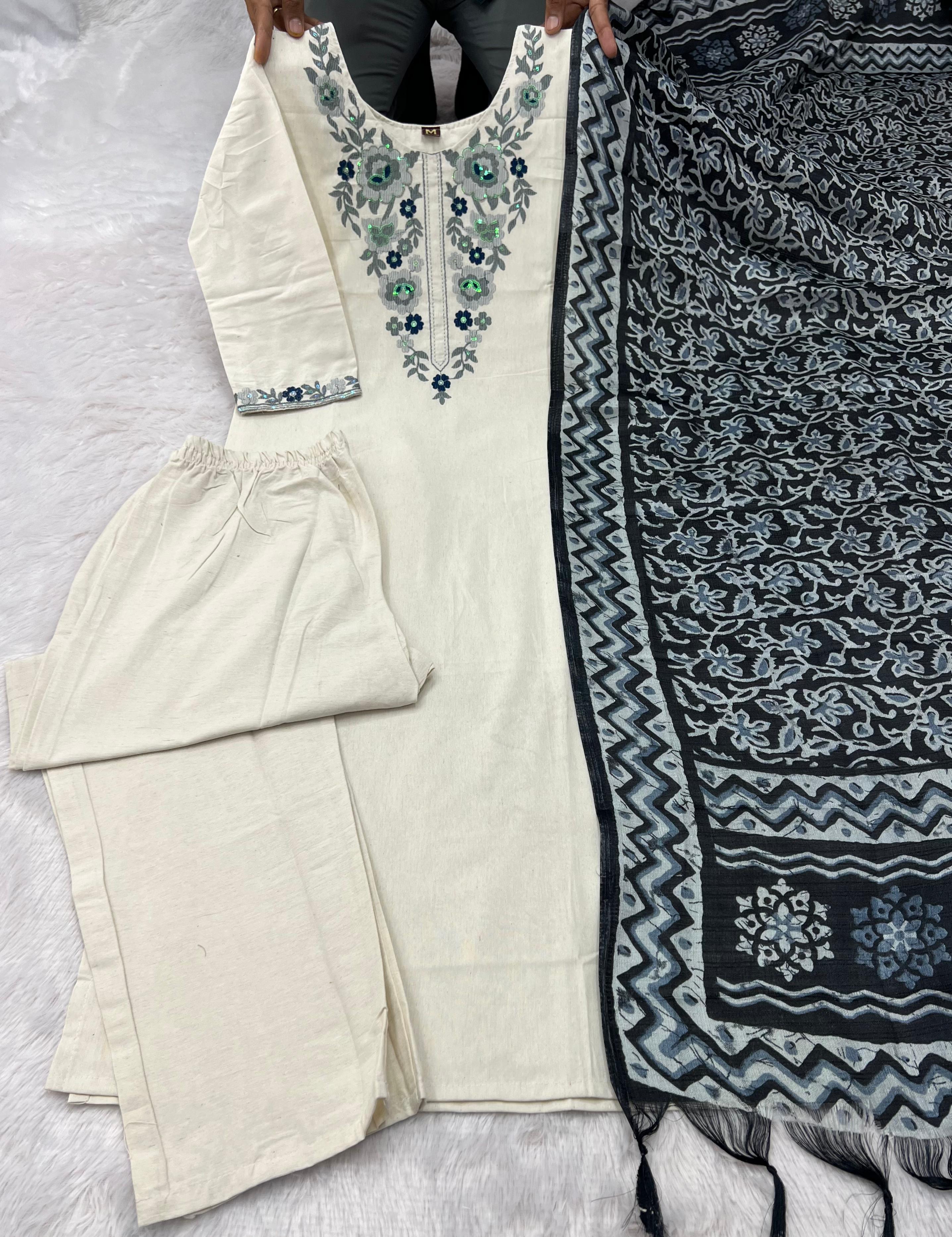 Evocative Function Wear White Color Cotton Embroidery Work Designer Straight Kurta With Trouser n Dupatta Set