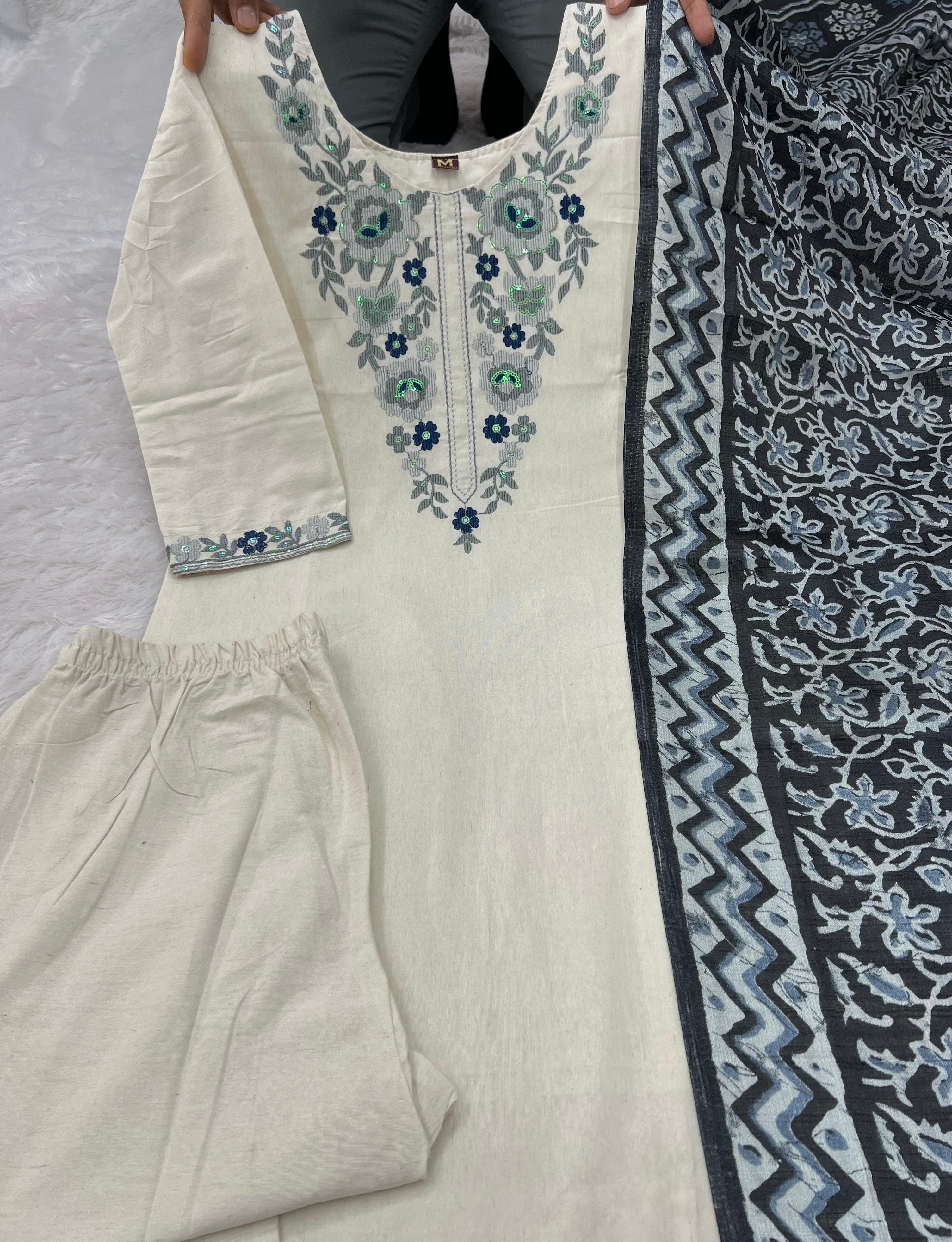Evocative Function Wear White Color Cotton Embroidery Work Designer Straight Kurta With Trouser n Dupatta Set