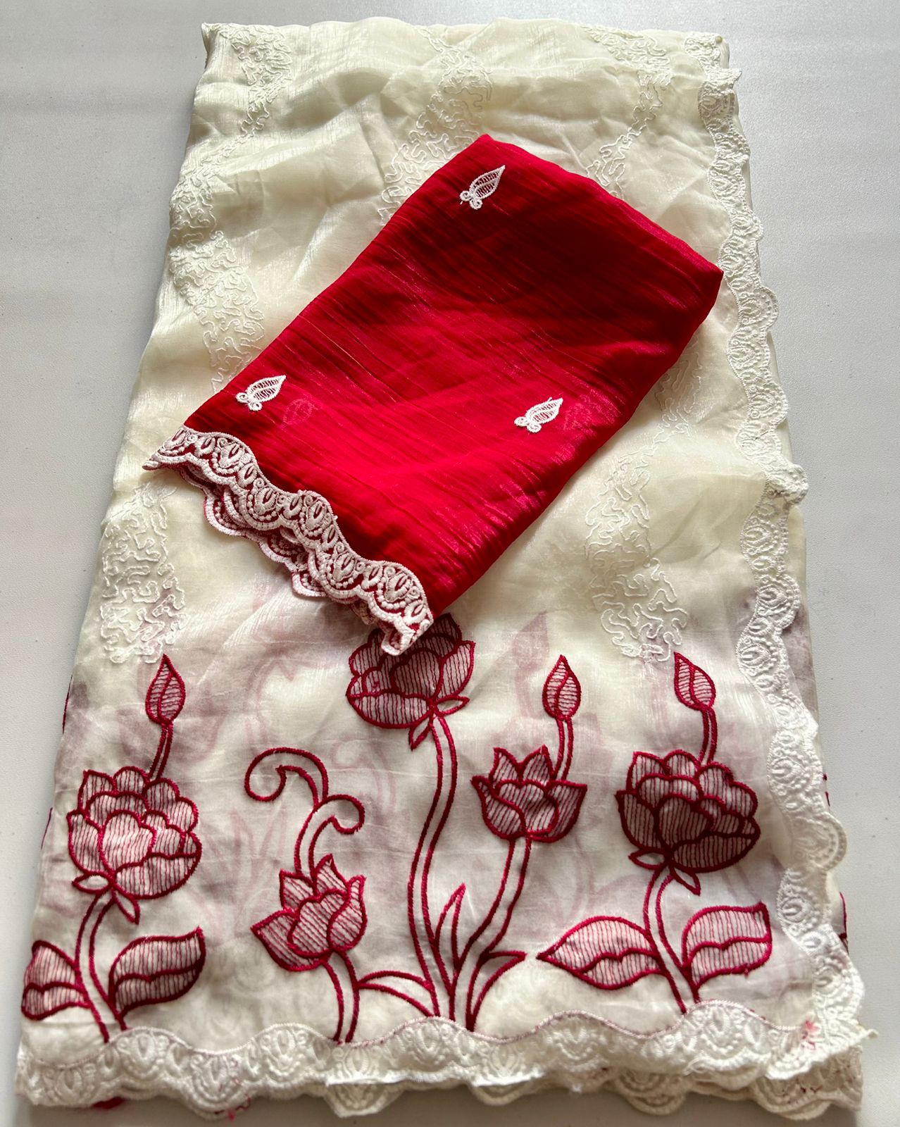 Charismatic Function Wear Crunchy Chiffon Silk Embroidery n Scalloped Cut Work Border Designer Saree