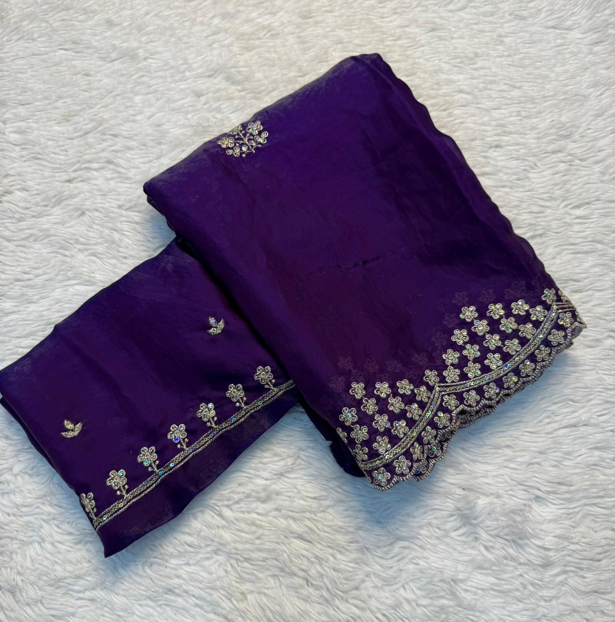 Delightful Party Wear Silk Multi Thread n Sequence Embroidery Work Designer Saree With Matching Blouse Piece