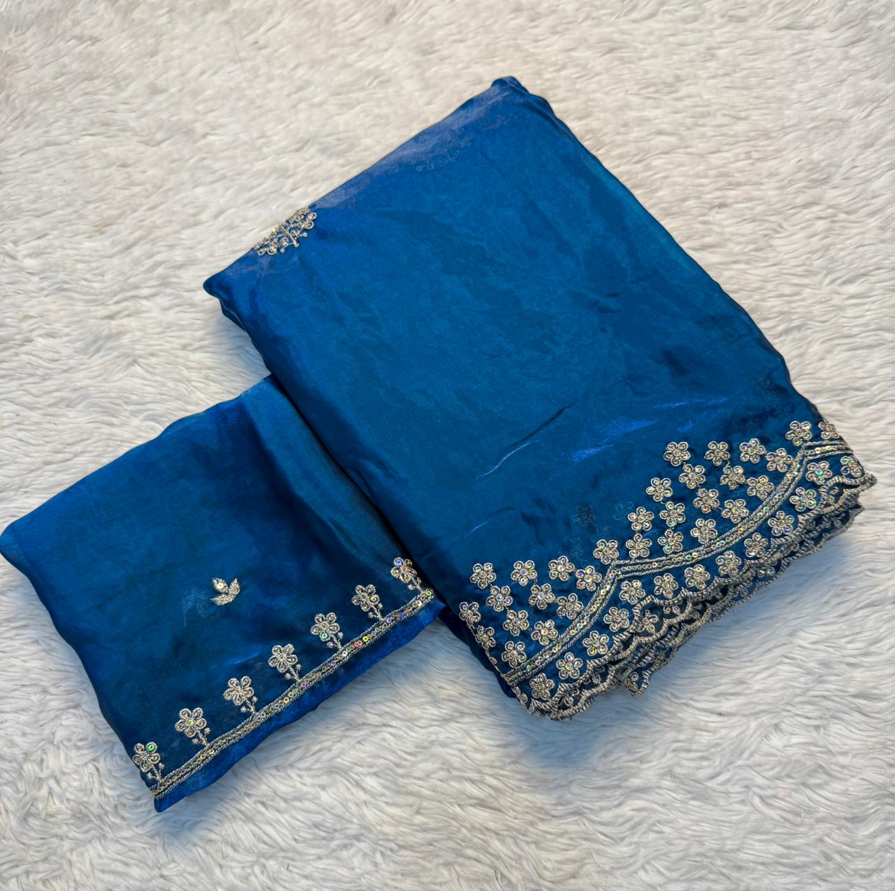 Delightful Party Wear Silk Multi Thread n Sequence Embroidery Work Designer Saree With Matching Blouse Piece
