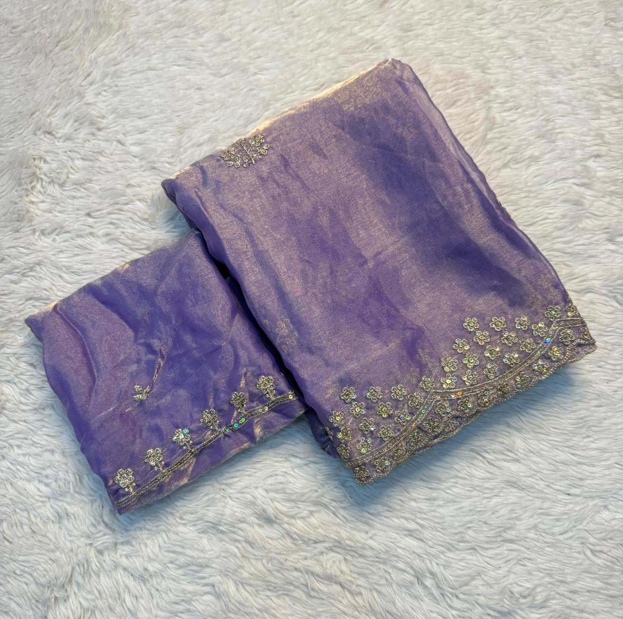 Delightful Party Wear Silk Multi Thread n Sequence Embroidery Work Designer Saree With Matching Blouse Piece