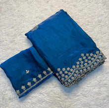 Load image into Gallery viewer, Delightful Party Wear Silk Multi Thread n Sequence Embroidery Work Designer Saree With Matching Blouse Piece

